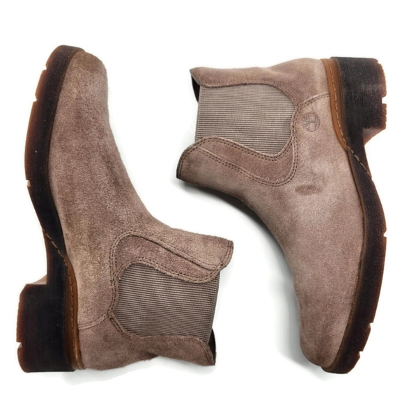 Timberland Light Tan Suede Pull-On Lug-Sole Chealsea Mid Ankle Boots - Picture 7 of 12